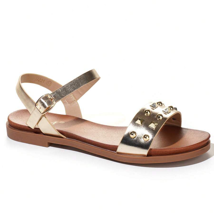 calcena Women's Flat Sandals With Rivet Decor, Adjustable Ankle Strap - Gold - View 1