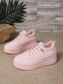 春秋时尚粉色厚底休闲圆头一脚蹬运动鞋，学院风