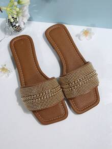 全新加大码奢华防滑方头珍珠时尚百搭沙滩度假女式穆勒凉鞋