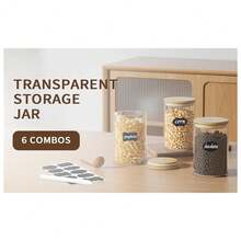 New 6 Piece Glass Storage Jars Set  Airtight Bamboo Lids And Labels, 37oz/1100ml Glass E Jars Food Storage Containers For Home ,Pantry, Tea, Sugar, Salt, Cee, Flour, Herbs, Grains - 37盎司-6包 - 查看 6
