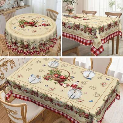 1pc Spring Vintage Farmhouse Red Plaid Printed Round Tablecloth, Apple, Floral, Butterfly Print Rectangular Tablecloth, 60inx60in, 55inx70in, 60inx86in, Other Sizes Available, Holiday Party Tablecloth, Outdoor Decor, Plus Size Tablecloth, Kitchen Accessory, Holiday Gift For Family And Friends