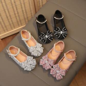 1 Pair Plus Size 2025 New Fashion Versatile Pink Girl Pearl & Rhinestone Bow Decor Cute Flat Shoes, Round Toe, Suitable For Daily Wear, Dancing, Outdoor In Spring & Autumn, Glitter Decoration Closed Toe Princess Ballet Flats, Run Small By Half Size