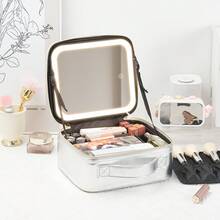 Large Capacity Makeup Bag With Light And Mirror, Detachable Partition, Cosmetic Storage Bag, Portable Handheld Travel Bag - [Small Rose Gold] Full Screen Mirror + LED Fill Light - View 13