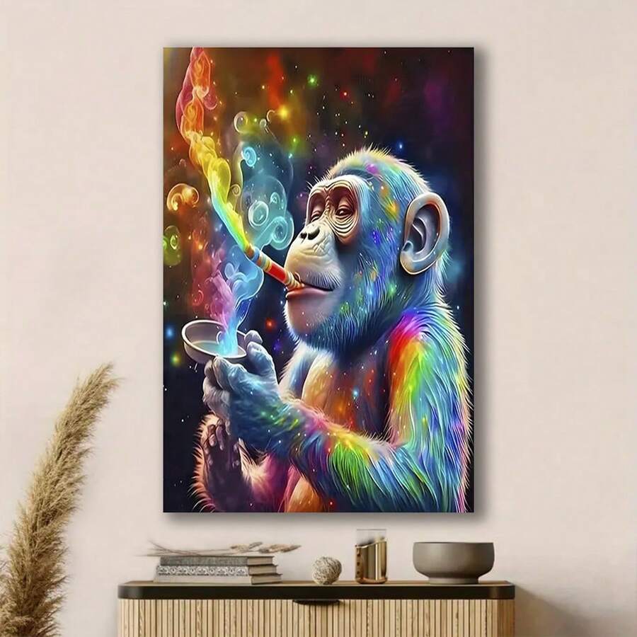 Framed 1pc Vibrant Monkey Canvas Art Print Poster Colorful Primate With Coffee Cup Wall Decor,Aesthetic Canvas Art Poster And Wall Art Picture Print Decor,Home Decor And Accessories,Aesthetic Canvas Home Decorative Art Printing,Wall Art Print Poster Decor Pictures For Livingroom,Bedroom,Bathroom,Office,Kitchen,Diningroom,Dormitory,Bar&Cafe,Corridor Room Wall Decoration - Framed - View 1