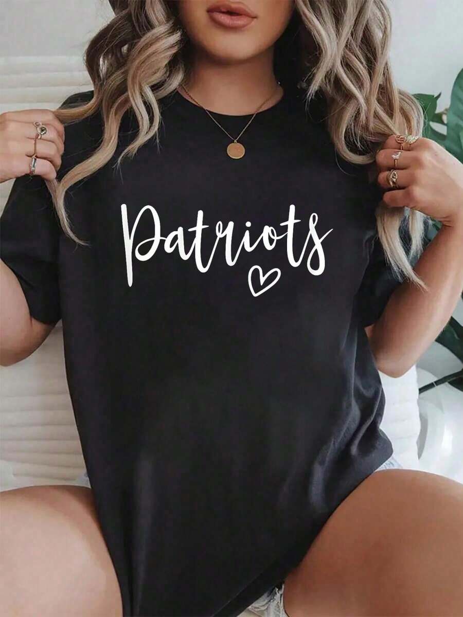 Patriots High School PatriotSports Team Women's Patriots Printed T-Shirt, Short-Sleeved Crew Neck Casual Top, Suitable For All Seasons, Women's Wear - màu đen - Xem 1