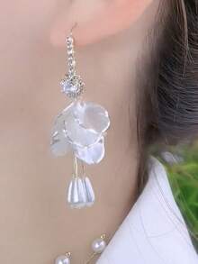 1 对复古花卉亚克力水钻长款耳环，优雅法式时尚女士配饰 - 金色 - 查看 3