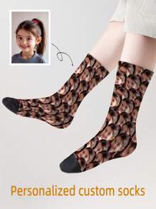 1 par de calcetines de media pantorrilla con impresión personalizada de rostro para niñas y niños, calcetines personalizados para adolescentes con foto, calcetines tripulación con imagen personalizada y divertida para uso diario, vacaciones, cumpleaños y otras ocasiones