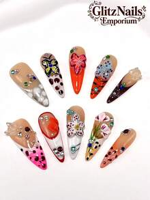 手工制作的10片3.3英寸高跟鞋假指甲，手工法式美甲，手绘渐变，手绘水钻工艺，3D雕塑泡沫珠蝴蝶工艺，时尚百搭，适合各种场合，四季皆宜，可作为礼物送给朋友、女朋友、亲戚，以及新年情人节、生日礼物，可重复使用。按压式指甲美甲用品指甲 - 彩色 - 查看 1