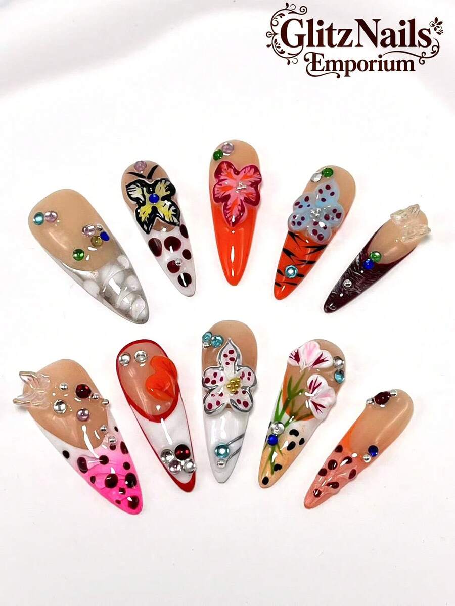 手工制作的10片3.3英寸高跟鞋假指甲，手工法式美甲，手绘渐变，手绘水钻工艺，3D雕塑泡沫珠蝴蝶工艺，时尚百搭，适合各种场合，四季皆宜，可作为礼物送给朋友、女朋友、亲戚，以及新年情人节、生日礼物，可重复使用。按压式指甲美甲用品指甲 - 彩色 - 查看 1