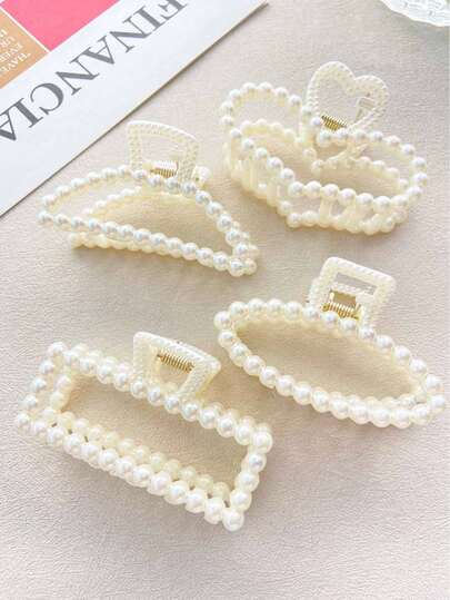 4 件套返校季女士中号米色仿珍珠发夹，时尚日常发饰，无损珍珠发夹发夹组合，爪夹秋冬度假装女士