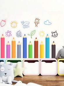 1 Pieza Pegatina de pared de crayón de pintura de colores, Pegatinas de PVC, Adecuado para decoración de pared del hogar, Temporada escolar, Decoración de embellecimiento, Pegatinas de pared autoadhesivas - Multicolor - Ver 8