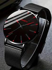 Montre à quartz de mode pour homme avec décoration bleue et rouge, bracelet en maille d'acier inoxydable, cadeau stylé