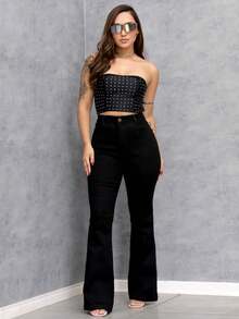 Women's High Waist Flare Jeans With Lycra - màu đen - Xem 3