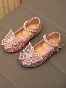 1 Pair Plus Size 2025 New Fashion Versatile Pink Girl Pearl & Rhinestone Bow Decor Cute Flat Shoes, Round Toe, Suitable For Daily Wear, Dancing, Outdoor In Spring & Autumn, Glitter Decoration Closed Toe Princess Ballet Flats, Run Small By Half Size