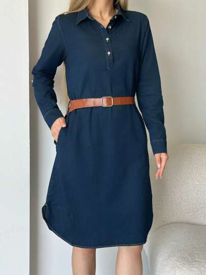 KOT DRESS Solid-Color Casual Pocket Button Front Slit Denim Dress, Office Wear, Spring, Autumn, Summer