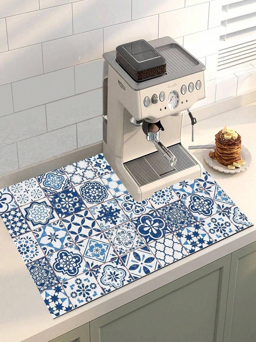 1pc Boho Style Blue Tie-Dye Pattern Non-Slip Polyester Kitchen Floor Mat, Suitable For Indoor/Outdoor, Quick Dry, Great For Entryway, Laundry Room Or Bathroom, Kitchen Decor, Coffee Machine Or Handmade Coffee Pot Dryer Mat - Multicolor - View 1