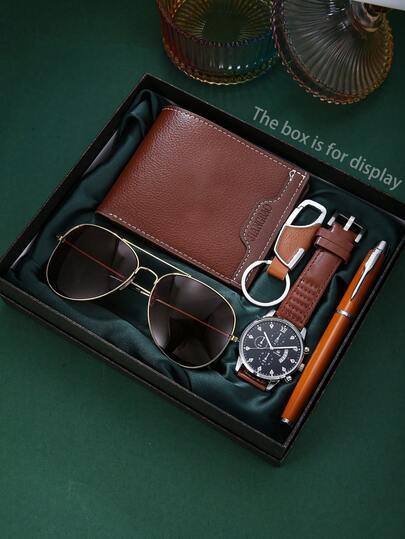 3 件或 5 件男士时尚休闲商务礼品套装：时尚石英模拟手表、眼镜、钱包、钢笔、钥匙扣，PU 皮革盒装 - 适合日常穿着、节日、派对、周年纪念日、万圣节