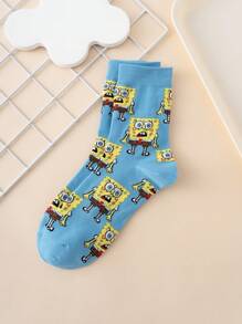 SPONGEBOB 1 Pair Funny Personalized Cartoon Cute Colorful Jacquard SpongeBob Expression Pattern Mid-Calf Socks, Sports Style, All Season, European & American Size, Comfortable Breathable , Vibrant Colors, Suitable For Daily Wear, Premium Fabric, No Stuffy Feet