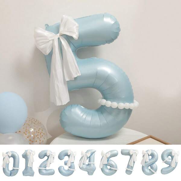 Ballons numéros grands bleu clair mat 0-9, avec nœud papillon et décoration de perles. Accessoire photo pour anniversaire, décoration de fête