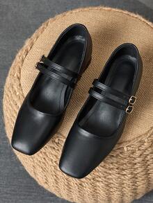 MonaNise 女士 3 厘米布质包跟黑色时尚百搭午夜蓝、咖啡色、酒红色粗跟玛丽珍平底鞋 - 黑色 - 查看 4