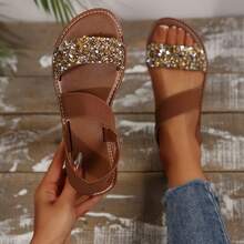 Women's Flat Sandals, Summer Open-Toe Pointed Low-Heeled Shoes With Crystal Decorations, Round-Toe Brown Leather Slippers, Comfortable And Elegant, Suitable For Casual Wear Or Vacation. - Brown - View 1