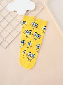1 Pair Unisex Fun Personalized Cute Multi-Color Jacquard Spongebob Graphic Pattern Yellow Crew Socks, Sports Style, All Season, European/US Size, Comfortable Breathable Durable, Rich Colors, Suitable For Everyday Wear, Premium Fabric, Non-Sweating - Multicolor - View 4