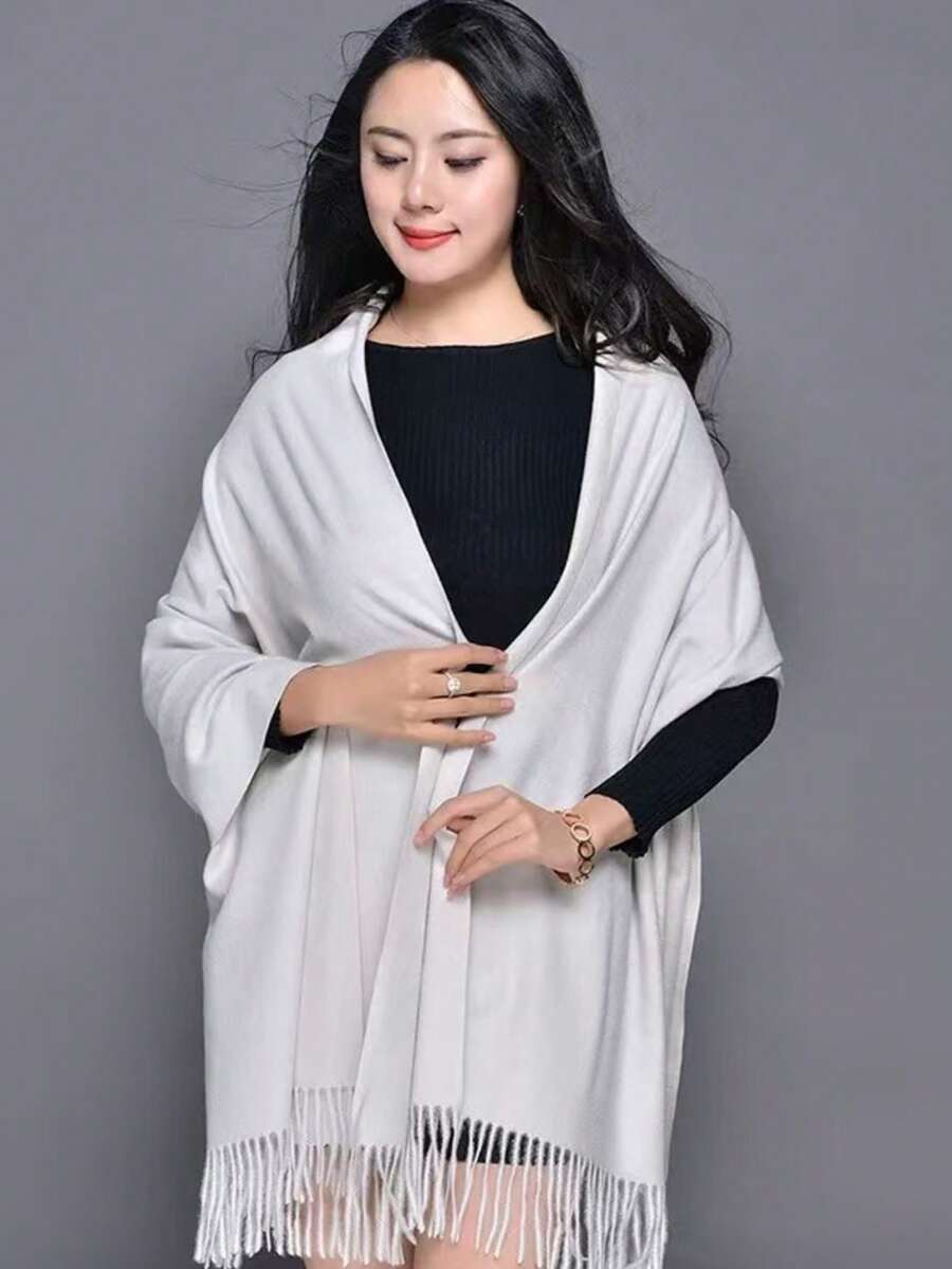 MilyModa Plain Fine Cashmere Scarf 150g With Fringes - White - View 1