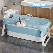 Bañera plegable para adultos, bañera plegable portátil con tapa, bañera plegable con cesta para el baño, 118 x 60 x 53 cm - Azul - Ver 2