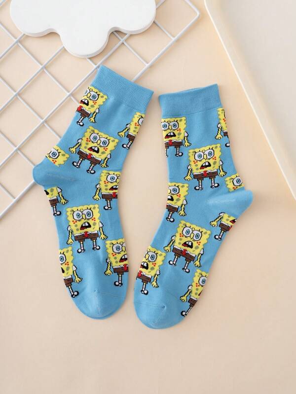 SPONGEBOB 1 Pair Funny Personalized Cartoon Cute Colorful Jacquard SpongeBob Expression Pattern Mid-Calf Socks, Sports Style, All Season, European & American Size, Comfortable Breathable , Vibrant Colors, Suitable For Daily Wear, Premium Fabric, No Stuffy Feet