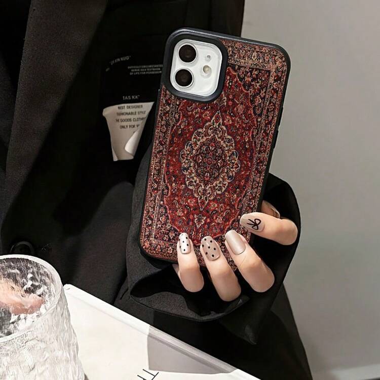 غطاء هاتف TPU بنمط زهري أحمر قديم متوافق مع هواتف آيفون - الأسود - مشاهدة 1