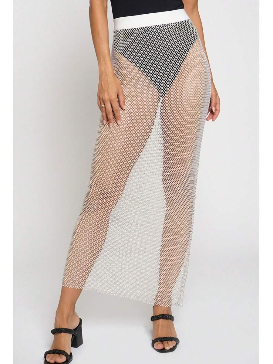 Falda de malla con rhinestones SANS SOUCI - Lisa, de fiesta, sexy, de poliéster, transparente, con rhinestones, para salir de noche, vacaciones, escenario y concierto, para todas las estaciones - Blanco - Ver 1