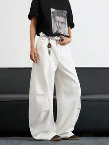 1 Stück japanische minimalistische Patchwork-Nieten-Waschung Herren Loose Fit Weite Bein Lässig Jeans Hose (ohne Gürtel & Zubehör)