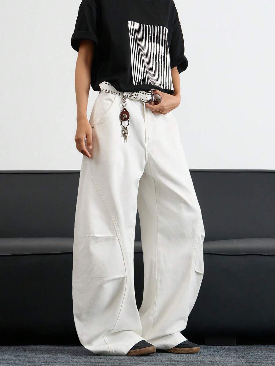 1 Stück japanische minimalistische Patchwork-Nieten-Waschung Herren Loose Fit Weite Bein Lässig Jeans Hose (ohne Gürtel & Zubehör)