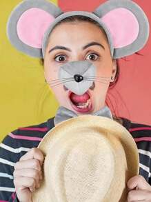 4pcs/Four-Piece Mouse Ears And Tail Set (Gray) Mouse Headband, Tail, Nose Bow, Festive Party Theme Accessory. Suitable For Makeup Dance Performance Costume Props. Halloween