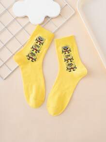 SPONGEBOB 1 Pair Unisex Funny Personalized Cartoon Cute Multicolor Jacquard Spongebob Expression Pattern Yellow Mid-Calf Socks, Sports Style, All Season, European & American Sizes, Comfortable Breathable Durable, Rich Colors, Suitable For Daily Wear, Premium Fabric, Non-Stuffy