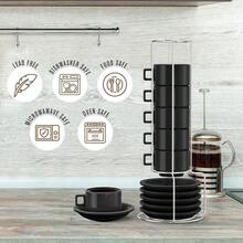 Nuevo juego de 66 piezas, incluye 6 platitos, 6 tazas estables, 6 expresiones, 1 azucarero y 1 tazón, 6 tazas de café, juego de tazas de café de porcelana, 19 piezas, set de 6 soportes, 2.5 oz, azul - Negro - Ver 2