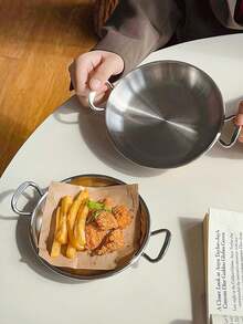 1pc简约韩式不锈钢圆形双耳盘，适用于西餐、炸鸡、薯条、汉堡、饺子、小吃、蛋糕、面包、早餐盘 - 銀色 - 查看 5