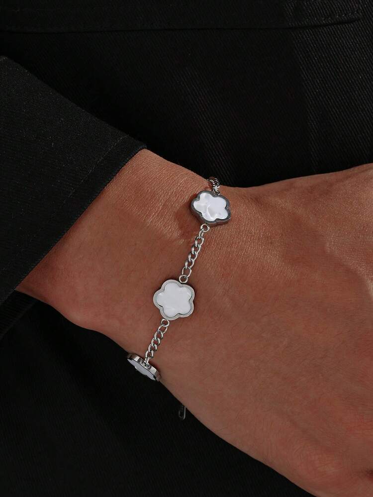 1 pieza Brazalete de acero inoxidable de cinco hojas de trébol de moda para hombres, para decoración diaria - Pulsera - Añade 2