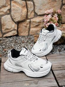 2025秋季2024春夏新款厚底厚实厚底运动鞋女透气网面跑步运动休闲鞋 - 白色 - 查看 4
