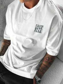 Men's Casual Short Sleeve T-Shirt With Slogan Print, Summer - White - View 2
