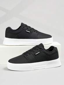 运动鞋男士时尚高端简约纯色系带休闲运动鞋，百搭日常户外通勤舒适步行鞋 - 黑色 - 查看 5