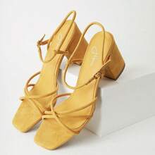 Women Strappy Square Toe Chunky Block Mid Heel Sandals – Cute Elegant Buckle Strap Heels For Spring/Summer Weddings, Bridesmaid, Date Night, Party, Prom & Business Casual Wear [Size Up Half Size] - 萬壽菊純素絨面革 - 查看 5
