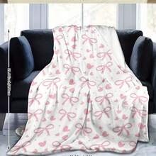 Chăn vải nỉ mềm mại có nơ hồng và họa tiết trái tim - Chăn thoải mái cho ghế sofa, văn phòng, cắm trại, mọi mùa - Trang trí nhà theo phong cách Châu Á, Chăn mọi mùa | Thiết kế theo phong cách Châu Á | In nơ hồng - Nhiều màu - Xem 3