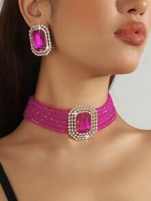 1 件优质几何方形紫红色空心绿白黑水晶串珠项链和 1 对配套耳环,适合正式礼服/日常百搭 2 件套 - JXJL21336-大長方水晶兩件套 - 查看 22