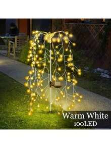 1 pieza Luces de rama de sauce blancas con energía solar, luces de hadas de alambre de cobre solares inteligentes para exteriores, IP44 resistente al agua, 8 modos de parpadeo ajustables, sensor de luz inteligente, 100/200 perlas LED, adecuado para el Día de San Valentín, jardín, camino, fiesta, camping, Navidad, Ramadán, decoración de bodas