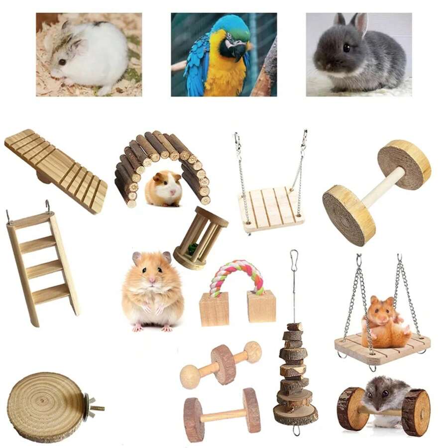 Juguetes de rodillo para hámster, mancuernas de madera natural de pino, monociclo, columpio, juguetes para masticar molares, suministros para mascotas pequeñas, pájaros, conejos, cobayas VGO7 - 4 - Ver 1
