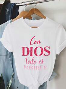 T-shirt casual a maniche corte da donna con effetto tipografico, celebra la Settimana Santa con citazione ispirativa e testo con effetto glitter