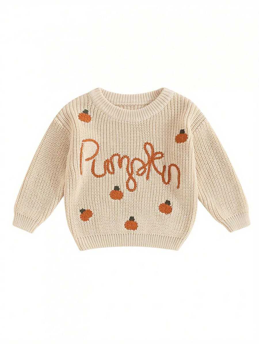 Toddler Boys Girls Halloween Sweater Pumpkin Knit Pullover Long Sleeve Crew Neck Pumpkin Ghost Letter Embroidery Ribbed Knitted Jumper For Baby Boys Girls Casual Halloween Ribbed Knitwear