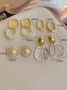 4 peças Conjunto de Brincos Elegantes e Chiques, Estilo Francês Minimalista, Formas Redonda e Oval Geométricas, Retro, Moda, Pérola Falsa, Versátil, Conjunto de Joias de Brincos de Luxo, Adequado para Uso Diário e Festividades Femininas
