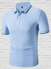 男士休闲纯色短袖 Polo 衫，简约时尚商务装，春夏 - 淺藍色 - 查看 1